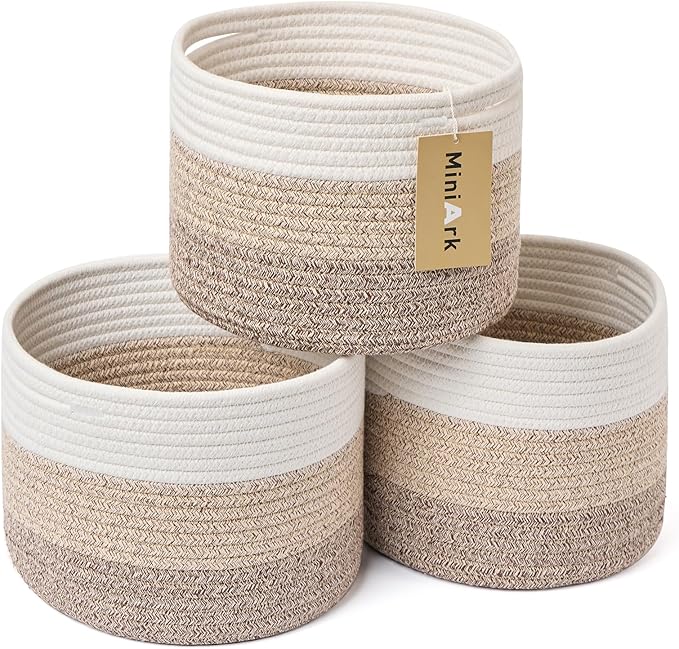 Small Basket for Organizing | Cube Shelf Closet Storage Baskets | 9.7×9.7×7.1” | Woven Rope Gift Basket | Nursery | Round 3 Packs Gradient Brown