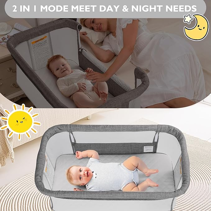 Baby Bassinet Bedside Sleeper, 2 in 1 Folding Portable Newborn Bedside Sleeper, All-Sided Mesh Infant Travel Crib for Toddlers, 6 Adjustable Height, with 4 Wheels, Grey