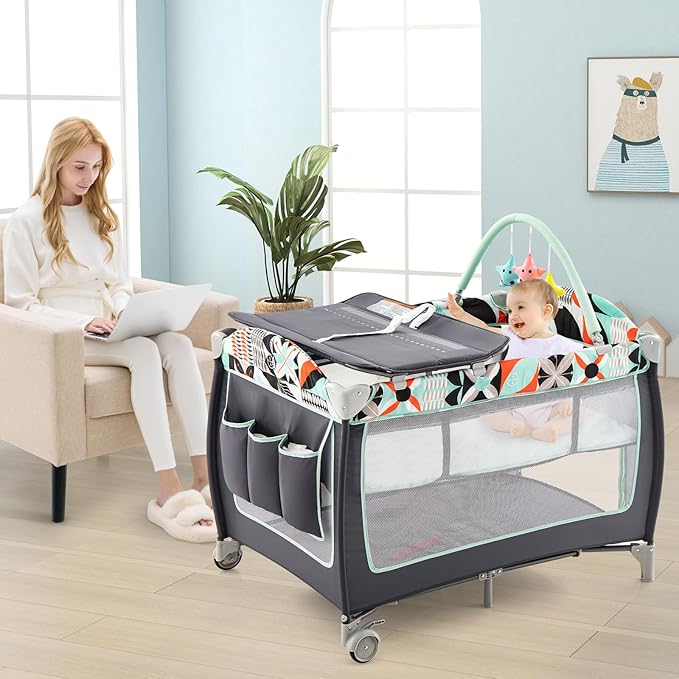 HONEY JOY Pack and Play, 4 in 1 Portable Baby Crib Playpen w/Bassinet, Changing Table, Storage Bag, Hanging Toys, Mattress, Foldable Pack and Play Nursery Center for Infant Boys Girls (Blue)