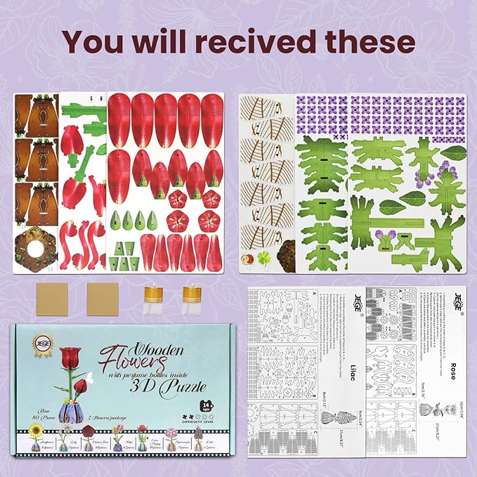 Jege 3D Flowers Wooden Puzzles for Adults,DIY Wooden 2 Flowers per Kit Building Set for Home Decor, Creative Craft Gift Toys Kits with 2 Perfume Bottles and Diffuser Sticks (Rose + Lilac)