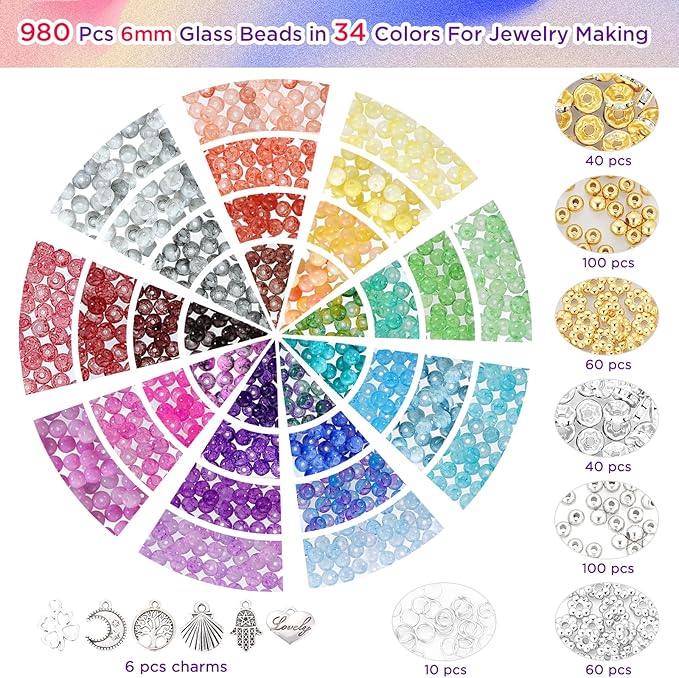 6mm Glass Beads for Jewelry Making, 1396pcs Ink Patterns Crystal Beads for Bracelets, Funtopia 34 Colors Round Glass Beads Kits for Necklace DIY Earrings Crafts with Spacer Beads and Charms