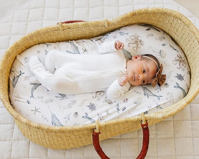 Baby Bassinet Sheets for Boy, Girl (Ocean Odyssey) 2-Pack - Fitted Bedside Bassinet Sheets - Buttery Soft Cotton Blend for Standard Mattress Pad - Compatible with Halo BassiNest