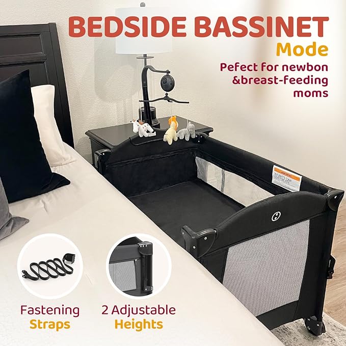 HARPPA Pack and Play 5 in 1, Portable Baby Playard for Travel, Baby Bassinet Bedside Sleeper with Mattress, Rolling Bassinet for Infant, Pack n Play with Changing Table, Bed Crib(Black)