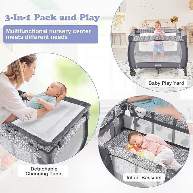 INFANS 3 in 1 Pack and Play, Portable Travel Baby Crib Bassinet with Detachable Mattress, Newborn Changing Table, Foldable Playpen with Carry Bag and 2 Wheels (Classic)