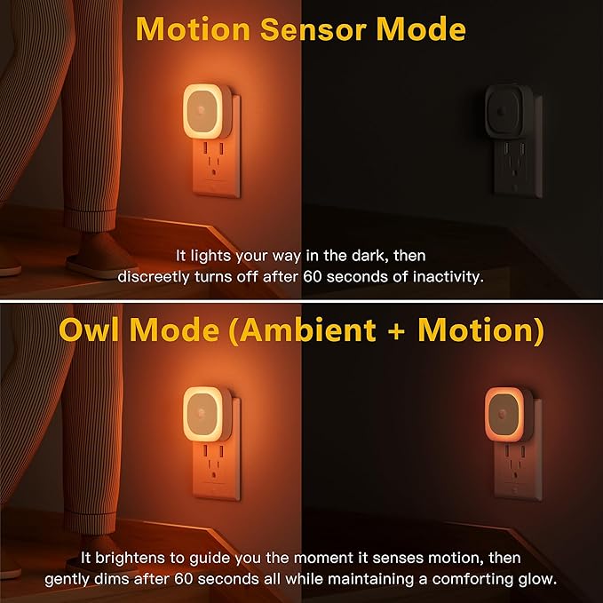 2 Pack Plug in Night Light with Motion Sensor & Dusk to Dawn Sensor, 3 Sensor Modes, Dimmable Night Lights Plug into Wall, Amber Nightlight for Sleep, Bathroom, Bedroom, Indoors, Kids