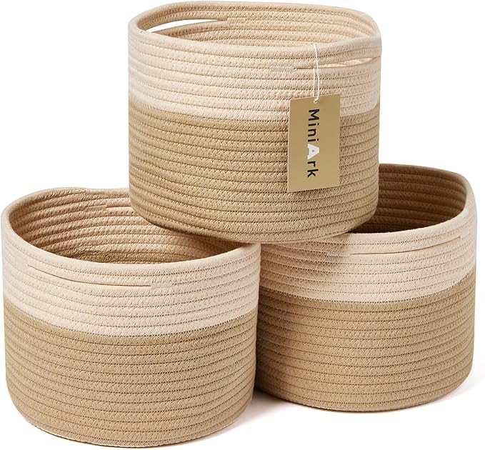 Small Basket for Organizing | Cube Shelf Closet Storage Baskets | 9.7×9.7×7.1” | Woven Rope Gift Basket | Nursery | Round 3 Packs Tan