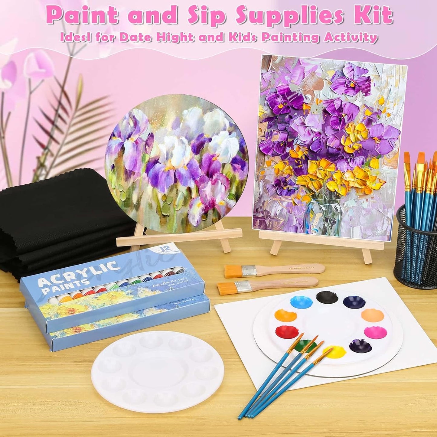 Date Night Painting Kit, 62 Pcs Detail Paint Brushes Canvas Panels with Wood Easel 12 Colors Acrylic Paint, Circular Canvas Art Aprons Sip and Paint Supplies for Adults, Kids, and Beginner