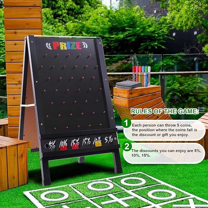 15.7x27.5in Foldable Prize Drop Game Board, Double-Sided Coin Drop Game with Chalkboard Sign, Includes 10 Coin Drop Discs, Perfect for Store Events, Parties, Carnivals, and Trade Shows