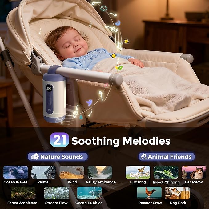 Rechargeable Hands-Free Baby Rocker & Sleep Soother – Portable Vibration Device with 6 Levels, 21 Melodies & Smart Sensor – Fits Most Strollers, Car Seats & Baby Gear, Travel Essential for Newborns