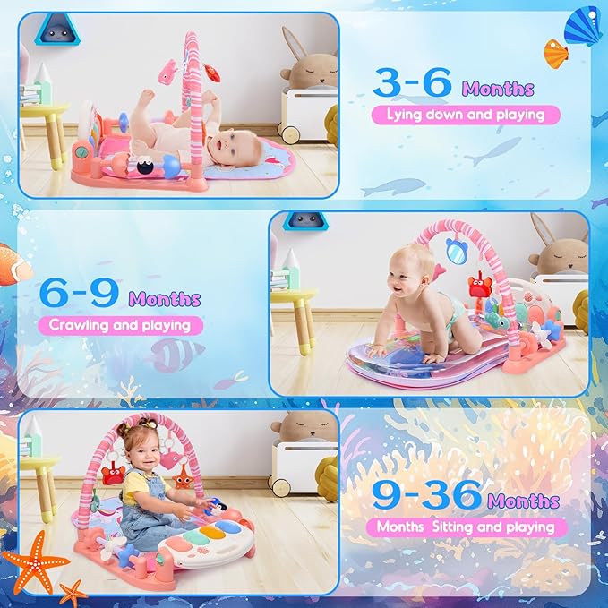 Baby Gyms Play Mats with Tummy Time Water Mat, Baby Activity Mat Play Piano Gym with 5 Sensory Toys for Babies, Music and Lights Boy & Girl Gifts for Infant Newborn Babies 0-3 4-6 6-9 6-12 Months