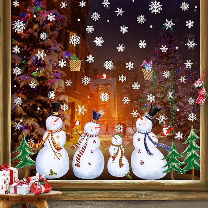 Snowman Window Clings, Christmas Windows Stickers, Snowflake Double-Side Window Clings for Glass, Xmas Windo Decals Christmas Decorations Indoor Holiday for Party