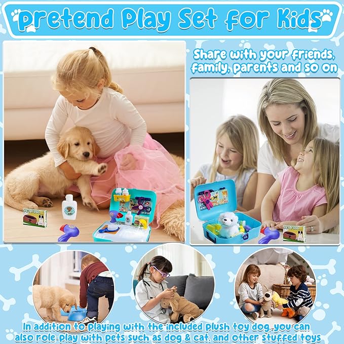 TEUVO Pet Care Playset, 16Pcs Kids Doctor Kit with Plush Dog & Backpack for Dog Grooming & Feeding, Pet Doctor Pretend Play Toys for 3 4 5 6 7 Years Old Girls Boys Birthday