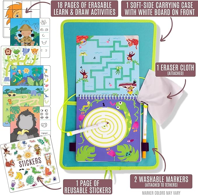 Totebook Kids Travel Educational Activity Book with Washable Markers - Car and Airplane Activities, Learning Toys for Toddlers- Search and Find, Reusable Stickers for Ages 4, 5, 6 (Jungle)