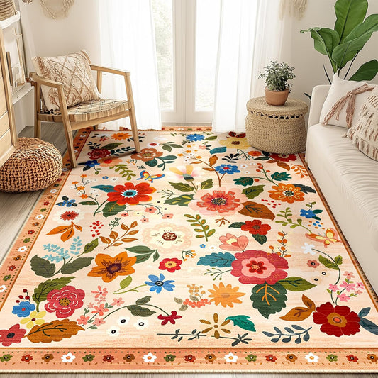 Floral 5x7 Area Rug Machine Washable Soft Print Boho Carpet Non Slip Doormat Low Pile Flower Area Rugs for Living Room Bedroom Nursery Kitchen Dining Room Indoor-Light Orange