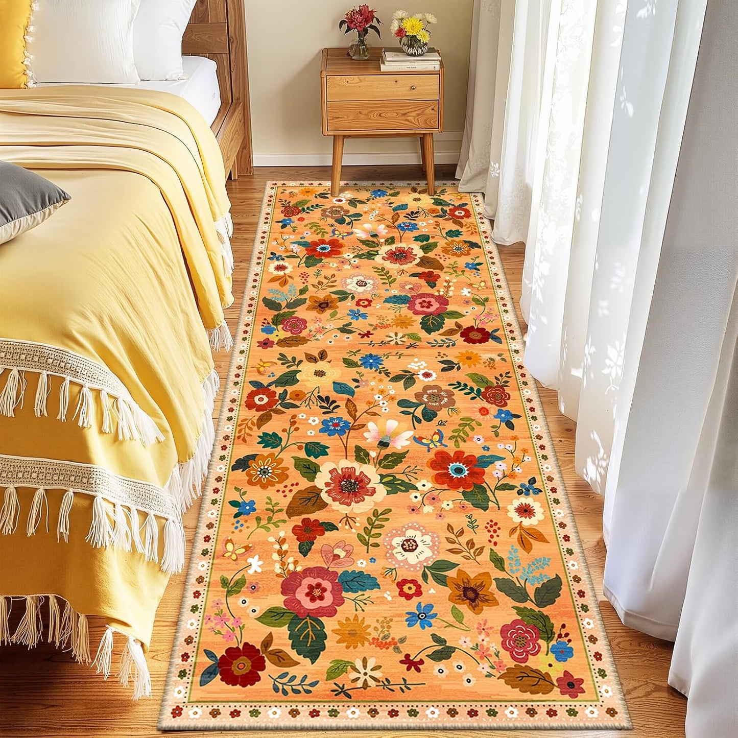 Floral 2x10 Area Rug Machine Washable Soft Print Boho Carpet Non Slip Doormat Low Pile Flower Area Rugs for Living Room Bedroom Nursery Kitchen Dining Room Indoor-Yellow/Orange