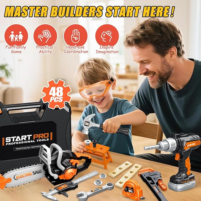 Kids Tool Set Toys, 48 Pcs Toddler Tool Set with Portable Tool Box, Electronic Toy Drill & Electric Chainsaw, Construction Tools Gifts for Boys Aged 3 4 5 6 7, Christmas Birthday Gifts for Toddlers