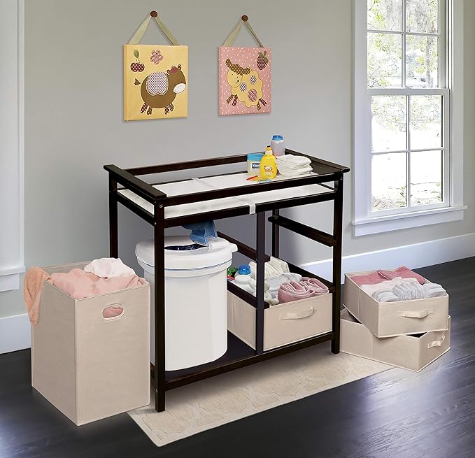 Badger Basket Modern Baby Changing Table for Nursery - Diaper Changing Station with Laundry Hamper, 3 Storage Drawers, Changing Pad, and Safety Belt - Espresso and Ecru