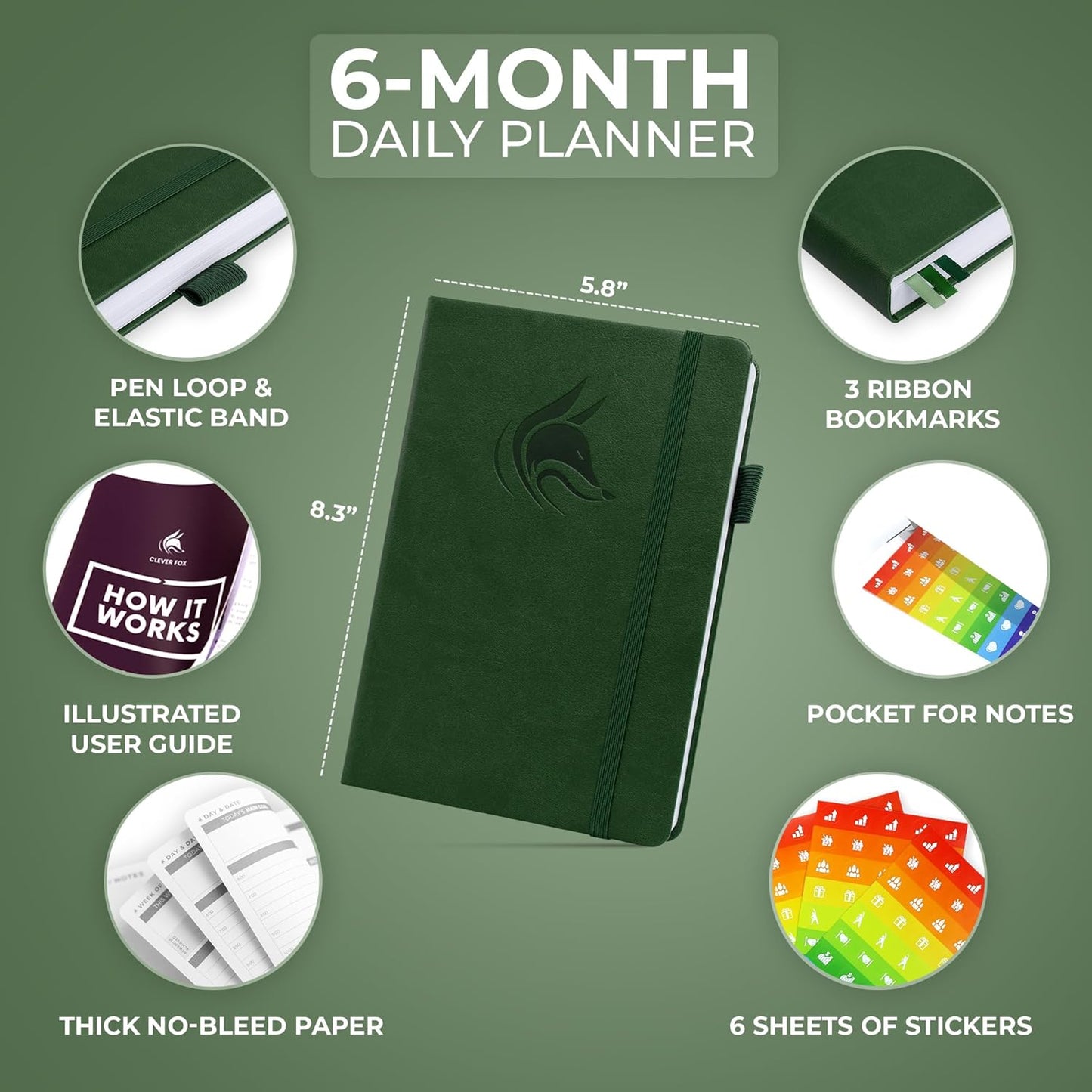Clever Fox Daily Planner – Undated Planning Notebook with Hourly Schedule & To-Do List – Personal Day Task & Work Organizer, 6 Months (Forest Green)