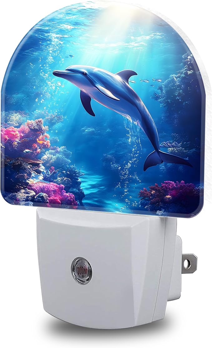 Night Light, Underwater World and Dolphin Night Lights Plug into Wall Dusk to Dawn Sensor Round Nightlight for Women Men Energy Efficient Led Lamp 0.5W for Stairway Hallway Bedroom