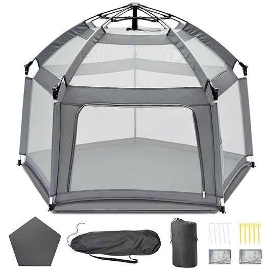 Baby Playpen with Self-Inflating Play Mat & Travel Bag, Portable Outdoor Playpen for Babies and Toddlers, Foldable Pop Up Play Tent for Home, Park, Beach and Camping (Grey)