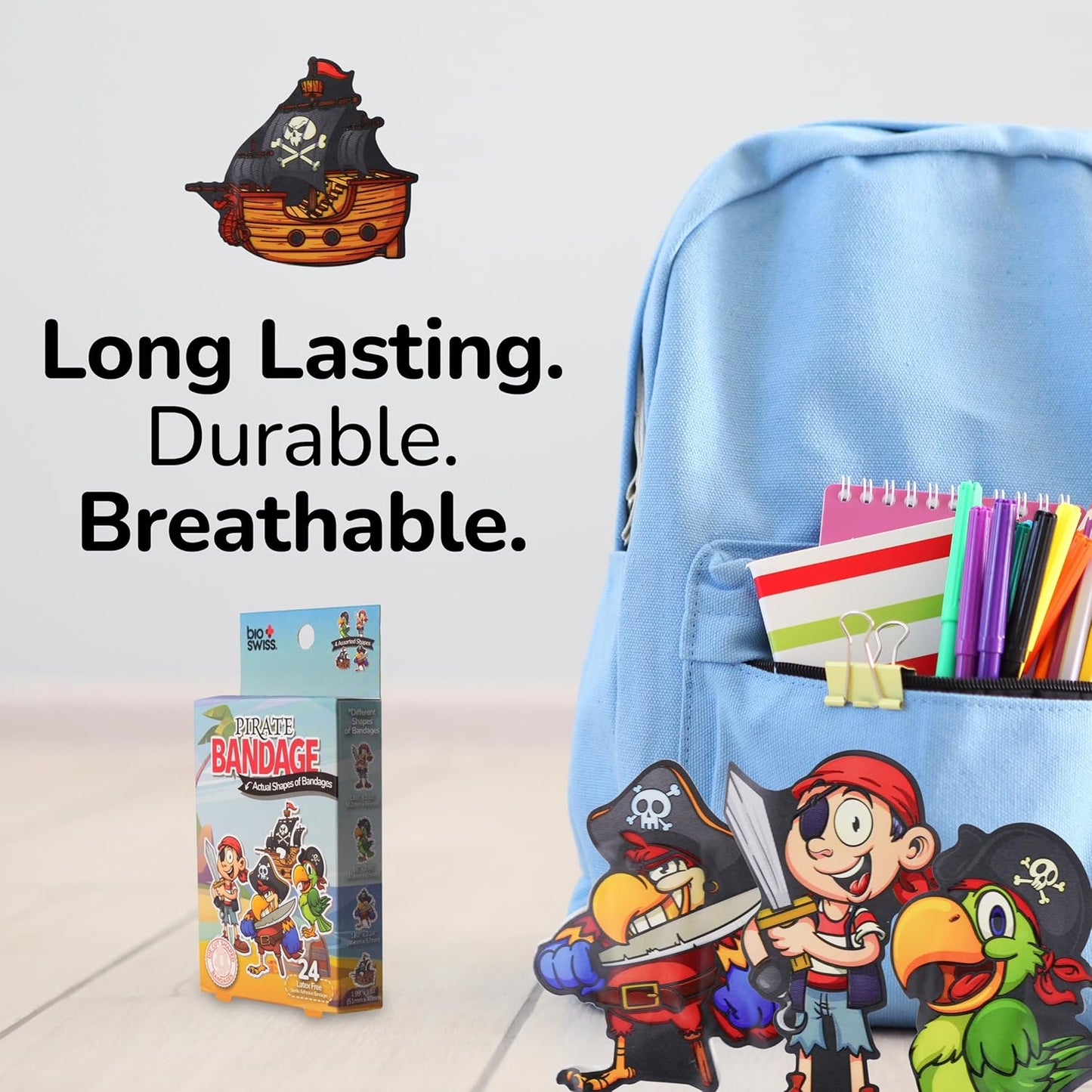 BioSwiss Bandages, Pirate Shaped Self Adhesive Bandage, Latex Free Sterile Wound Care, Fun First Aid Kit Supplies for Kids and Adults, 24 Count