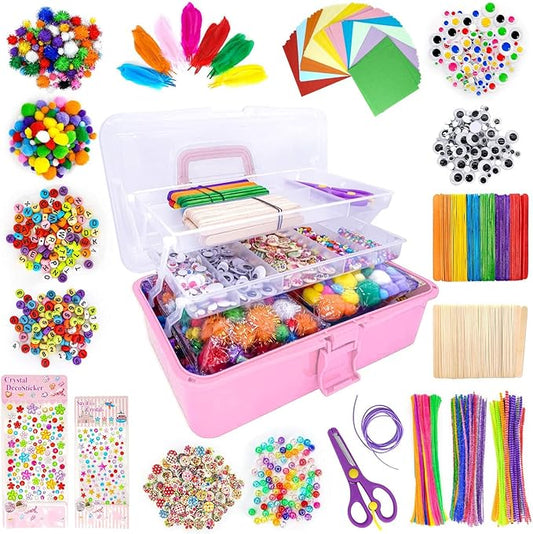 1405 Pcs Art and Craft Supplies for Boys and Girls, Toddler DIY Craft Art Supply Set Included Pipe Cleaners, Pom Poms, Feather, Folding Storage Box - All in One for Craft DIY Art Supplies (F0-Pink)