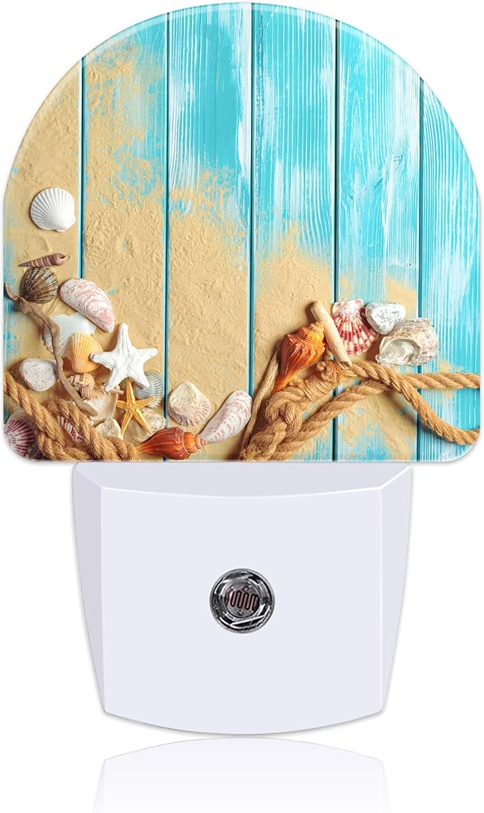 Night Light Plug into Wall Shells and Blue Wooden Planks Night Light with Dusk to Dawn Sensor Night Light for Kid Girls Boys Women Men Room Decor, Hallway, Kitchen, Bathroom, Nursery, Stairs