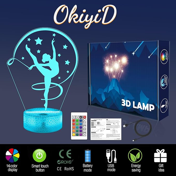 Gymnastics Stuff Gifts for Girls,Artistic Gymnastics 3D Night Light Illusion Lamp for Kids Women Friends Coach Gymnast Birthday Christmas Gifts,16 Colors Lighting with Remote