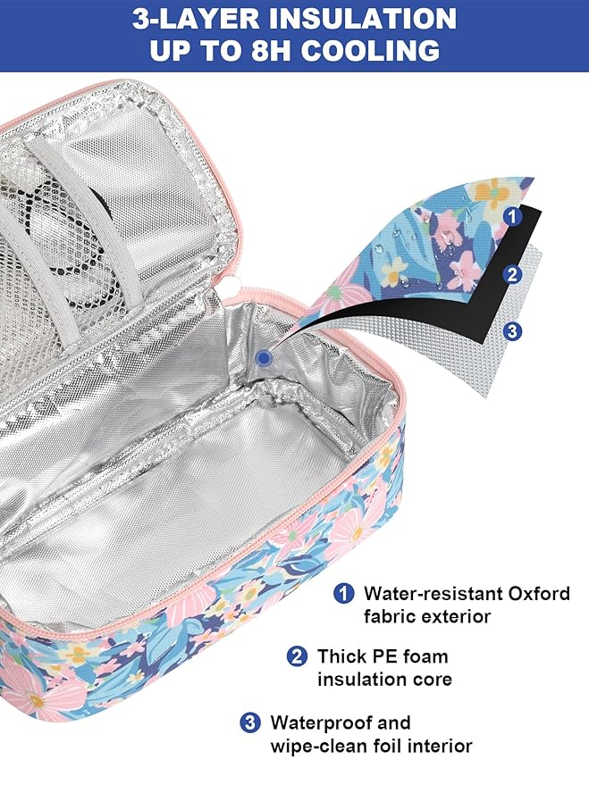 YOUSHARES Breastmilk Cooler Travel Bag with Digital Thermometer, Small Insulated Baby Milk Storage with 2 Ice Packs, Daycare and On-The-Go Moms （Pastel Flowers）