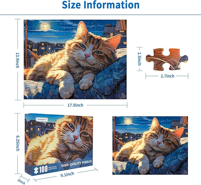100 Piece Puzzles for Kids, Sleepy Cat 100 Piece Puzzles for Adults, Side Lying Cat Puzzle Cozy Scene Puzzle, Cute Kitten Jigsaw Puzzles 100 Pieces for Seniors Teens Kids Ages 6-10