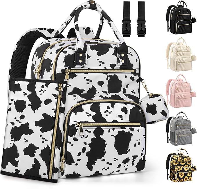 Diaper Bag Backpack,Baby Essentials Diapers Bag with Pacifier Case,Multipurpose Stylish Large Capacity Travel Backpack for Baby Girl/Boy(L-Cow Print)