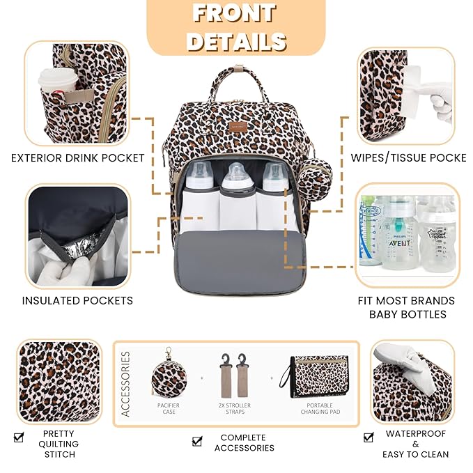 Diaper Bag Backpack with Changing Pad, Pacifier Case, Baby Bag for Boy Girl Toddler - Large, Stylish, Waterproof Travel Quilted Diaper Bag for Mom - Baby Shower - Cheetah