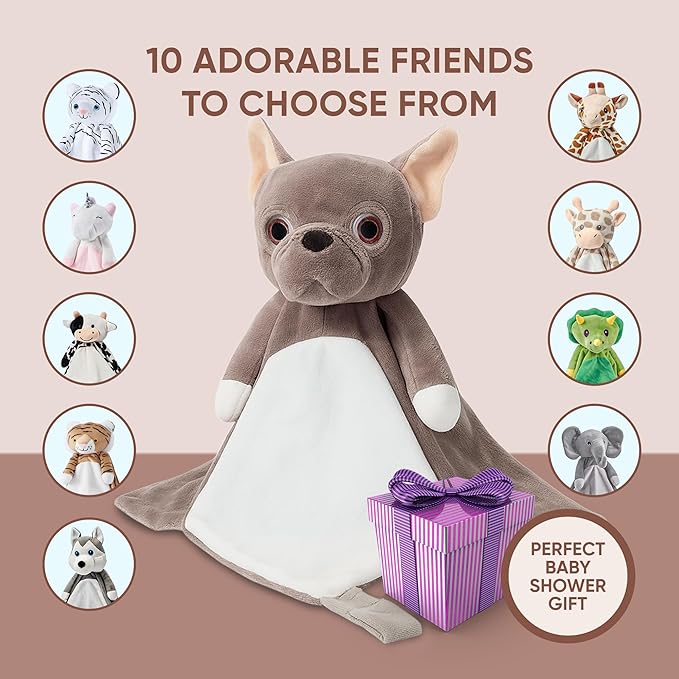 Baby Sleep Soother Taupe Bulldog Plush with Heartbeat & Lullaby Sounds, 4-in-1 Sound Machine, Security Blanket & Pacifier Holder, Baby Registry Essential & Christmas Gift for Newborns & Infants