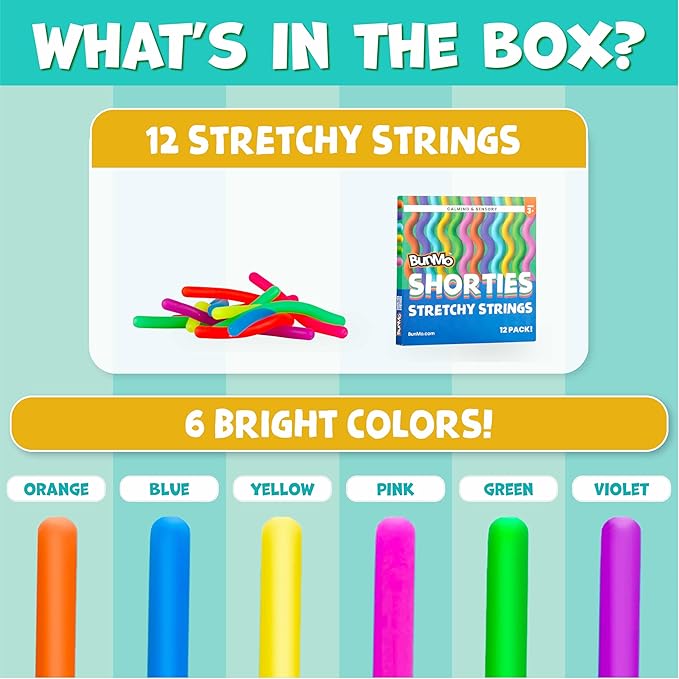 BUNMO Sensory Toys Stretchy Strings for Toddlers 3+ - Stimulating & Addictive Fidget Toys for Kids - Hours of Fun for Kids - Non-Mouthable Toy 3+ - Mini Smooth 12 Pack