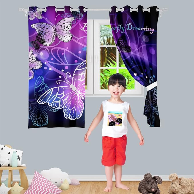 Butterfly Blackout Curtain for Girls Bedroom 2Pcs, Purple Window Curtain Panels Drapes Set Curtains 63 inch Length for Kids Bedroom Nursery Room Grommet Top Thermal Insulated Curtains, 82" x 63"