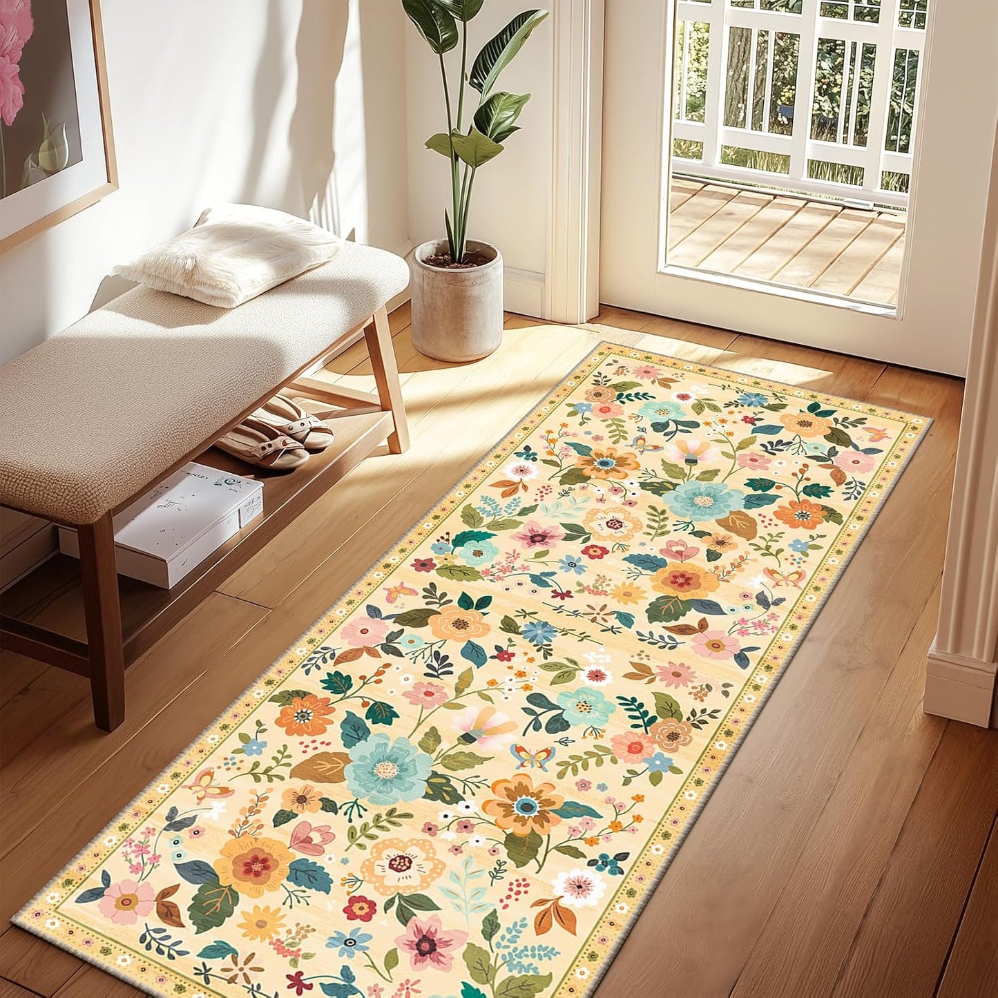 Floral 2x6 Area Rug Machine Washable Soft Print Boho Carpet Non Slip Doormat Low Pile Flower Area Rugs for Living Room Bedroom Nursery Kitchen Dining Room Indoor-Ivory/Yellow