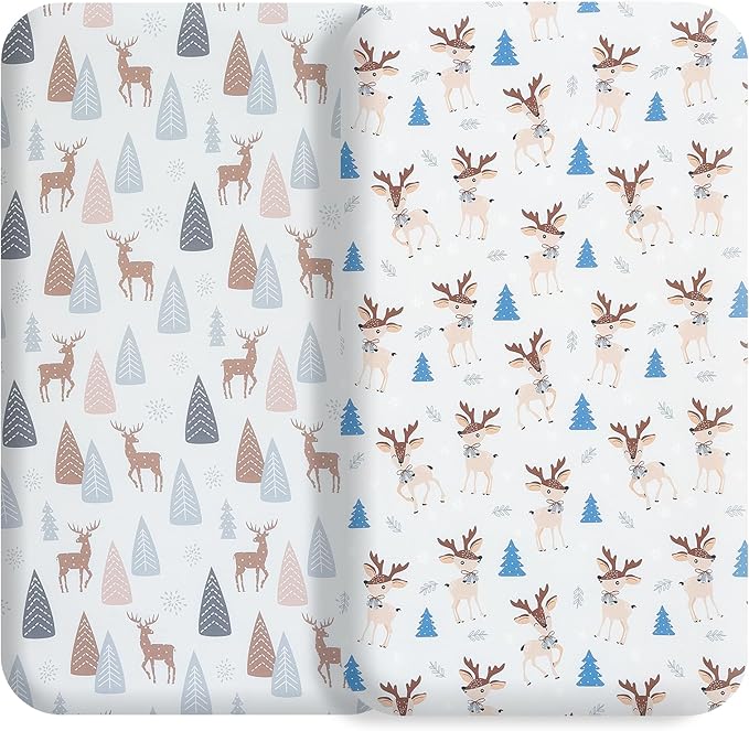 Bassinet Bed Sheet Set 2 Pcs Fits Rectangle Oval Halo Hourglass Mattress Stretchy Bassinet Bed Sheet Soft and Comfortable (Deer Park) (Lulu Paradise)