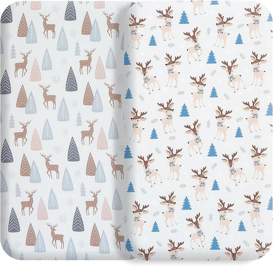 Bassinet Bed Sheet Set 2 Pcs Fits Rectangle Oval Halo Hourglass Mattress Stretchy Bassinet Bed Sheet Soft and Comfortable (Deer Park) (Lulu Paradise)