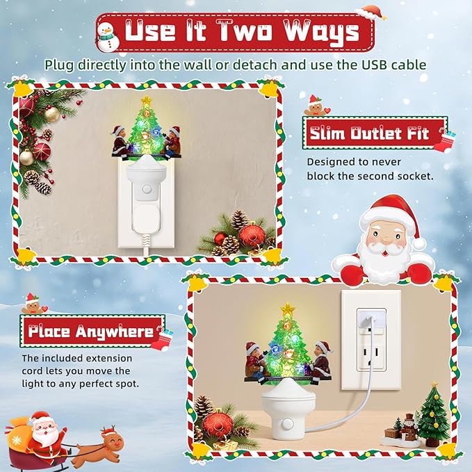 Christmas Tree Night Light Plug into Wall USB Portable Christmas Decorative Night Light Decoration for Kids Adults Bedroom Kitchen Living Room Holiday Decor (Children Seesaw)