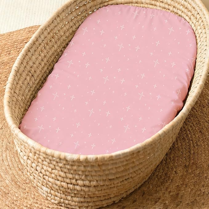 Bassinet Sheets for Baby Girl 32 * 16, 3 Pack Soft Breathable Baby Bassinet Mattress Sheets Fit for Hourglass Oval Cradle, Moses Basket Rectangle Mattress (Rainbow, Pink)