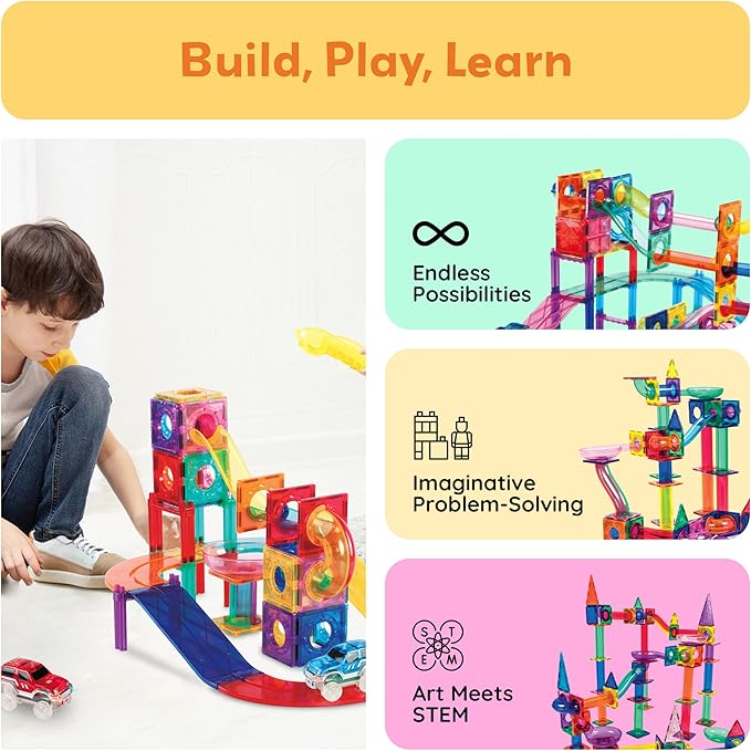 PicassoTiles 108pc 3-in-1 Marble Run Car Race Track Combo Magnetic Tiles PicassoToys Magnet Building Block Educational Construction Toy Playset STEM STEAM Learning Kit Child Brain Development PTG108