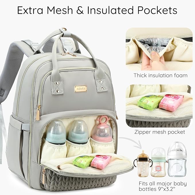 Diaper Bag Backpack - Large Multi functional, Boys, Girls & Baby Travel Essentials Tote with Changing Pad, Insulated Pockets, Stroller Straps, Waterproof - Baby Backpack for Mom & Maternity (Gray)