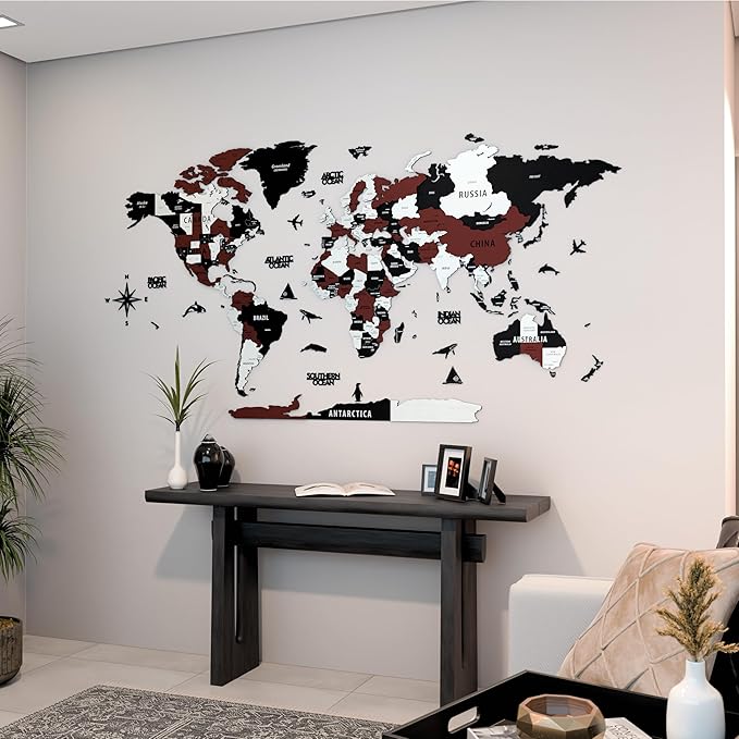 Colorfull Worlds 3D Wooden World Map Wall Art | Unique Wall Decor with Pins for Travel Enthusiasts | Home and Office Wall Décor | Burgundy | XXLarge