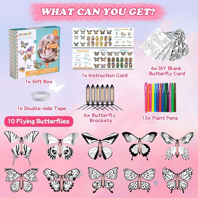 JOY SPOT! 28 Pack DIY Butterfly Craft Kit for Kids, 16 Paper Butterflies and 13 Color Pens, Make Your Own Rubber Band Wind Up Butterfly Toy, Perfect for Party Games, School Activities, Surprise Cards