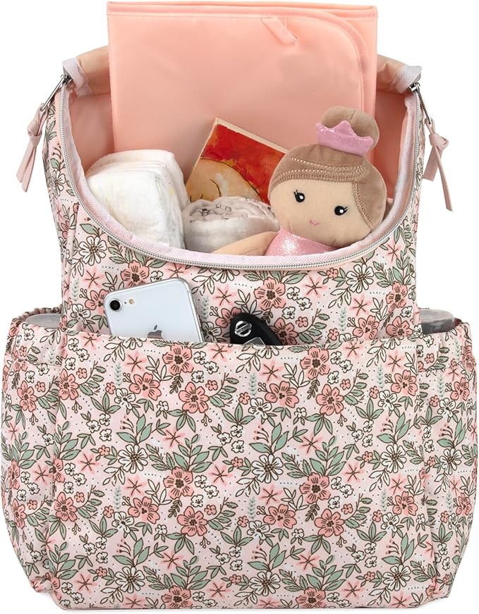 Multi-Function Floral Diaper Backpack and Travel Nappy Baby Bag with Changing Pad and Stroller Straps (Freshly Floral)