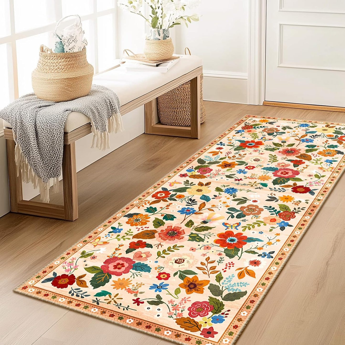 Floral 2x10 Area Rug Machine Washable Soft Print Boho Carpet Non Slip Doormat Low Pile Flower Area Rugs for Living Room Bedroom Nursery Kitchen Dining Room Indoor-Light Orange
