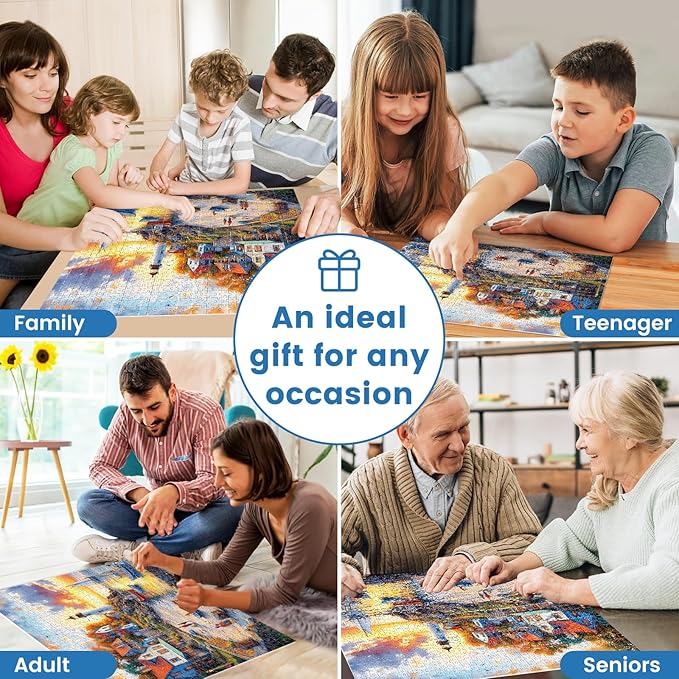 1000 Pieces Puzzles for Adults, Fall Seaside Puzzle, Fishing Village Jigsaw Puzzles 1000 Pieces, Creative Play Holiday Party Gifts Artwork Wall Home Decor, Funny Puzzle for Adults, 28×20 in