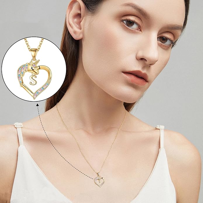 Hidepoo Unicorn Necklace Gifts for Girls - 14K-Gold-Plated Colorful CZ Heart Necklace Girls Jewelry Initial Unicorn Necklaces for Girl Birthday Gifts