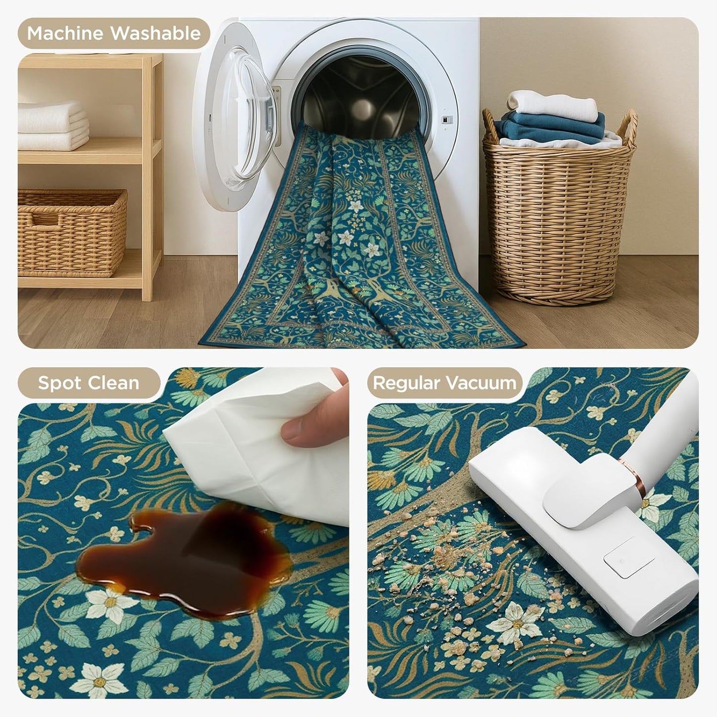 Joydeco Washable Area Rugs 5x7, Boho Floral Dining Room Rug Non Slip, Soft Low-Pile Botanical Forest Indoor Floor Throw Carpet for Living Home Office Playroom Foyer, Dark Blue