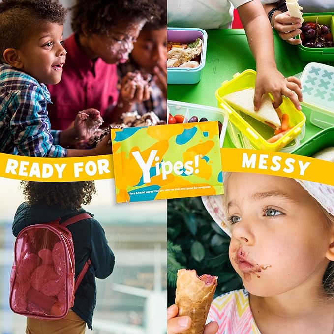 Yipes! Kids Face and Hand Wipes | Compostable Wet Wipes for Sensitive Skin | Individually Wrapped | Classroom Must Haves | Travel Essentials | For Backpacks, Lunchboxes, Classroom Supplies | 4 pack